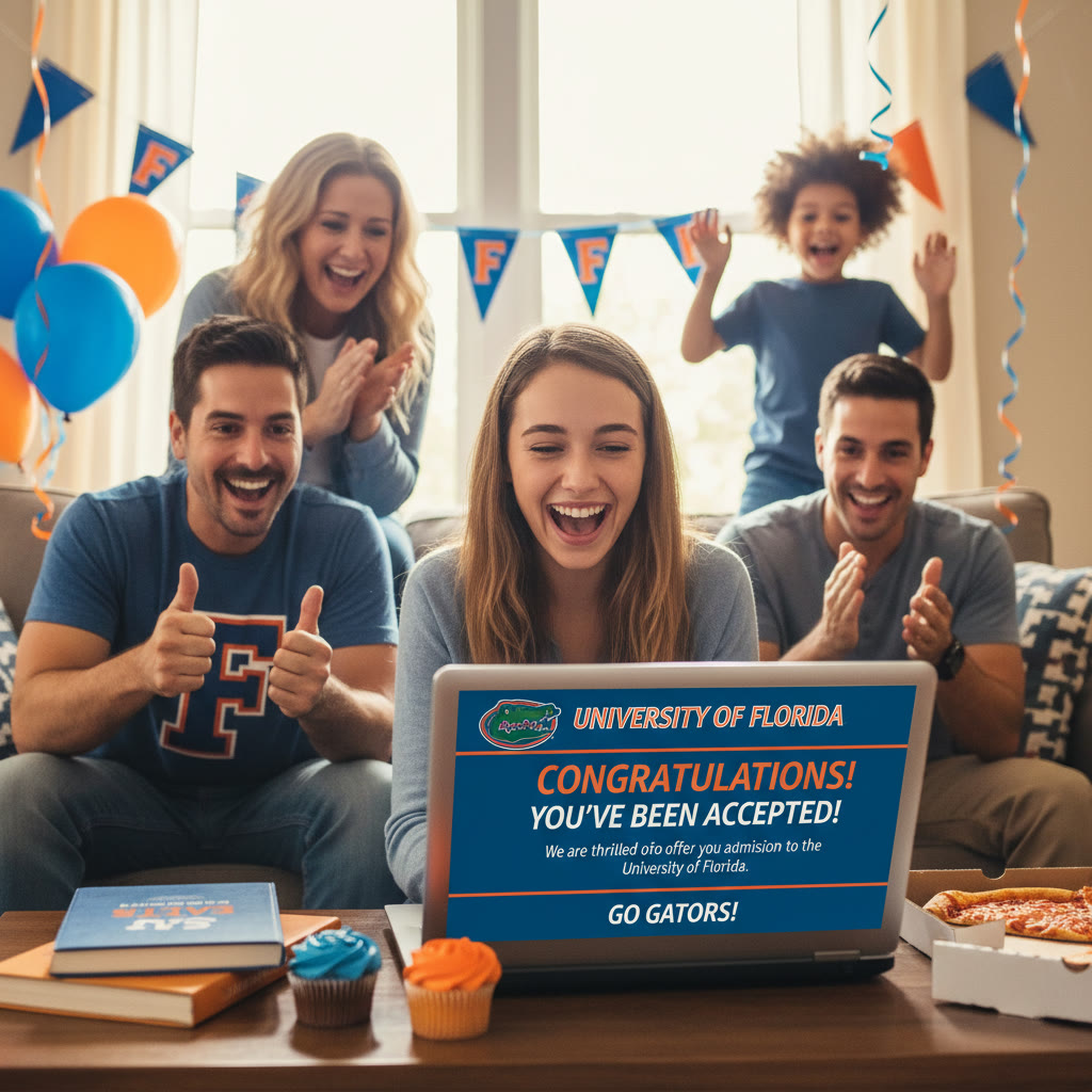 Photo Idea : A joyful acceptance moment: a student opening an acceptance letter from UF on a laptop while family members celebrate nearby, with campus orange-and-blue decorations visible.