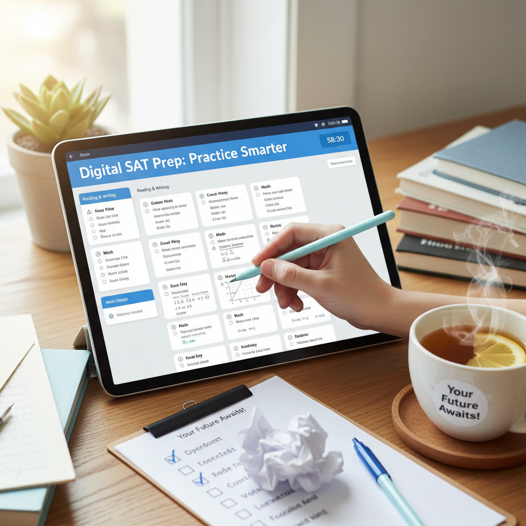 Photo Idea : A digital tablet screen showing a Digital SAT practice interface with a student’s hand using a stylus; nearby, a checklist and a cup of tea for comfort.