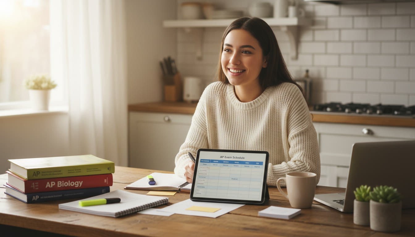 Photo Idea : A calm student at a kitchen table surrounded by neatly organized study materials and a tablet showing an AP timetable. Soft natural light suggests steadiness and preparedness.