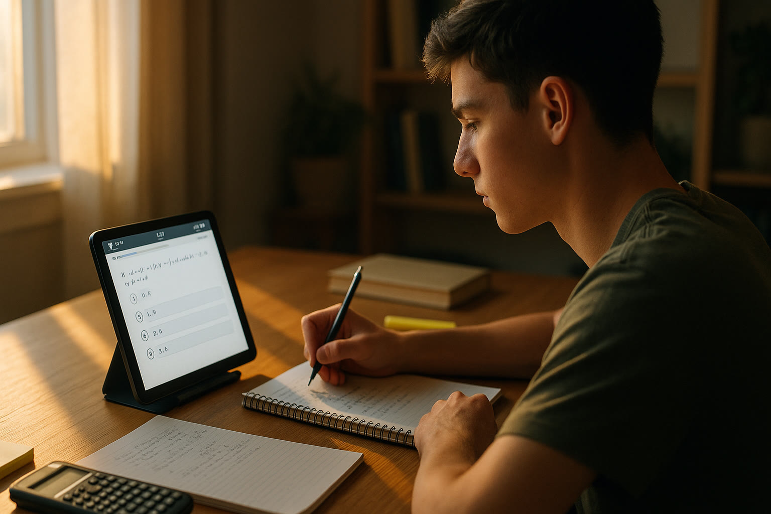 Photo Idea : A focused high school student working on a tablet with digital SAT practice app open, with notebooks and a calculator nearby — light coming from a window to suggest early morning study.