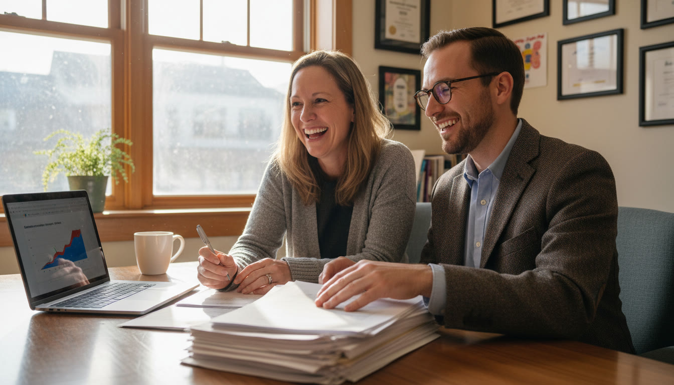 Photo Idea : A warm, candid shot of a parent and a school counselor reviewing a stack of forms and a laptop at a school office — natural light, relaxed expressions, documents labeled 'AP Registration' visible but not legible.