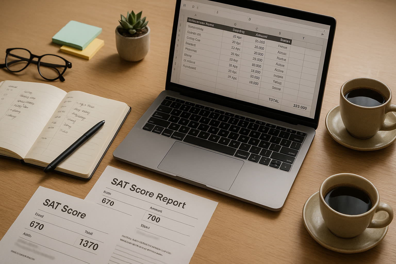 Photo Idea : A clean desktop scene showing a planner, a printed SAT score report, a scholarship spreadsheet on a laptop, and a cup of coffee—organized, calm, purposeful.