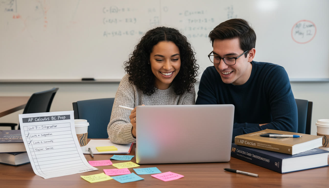 Photo Idea : A tutor working one-on-one with a student over a laptop, with a printed checklist and sticky notes—visualizes targeted coaching and tailored study plans.