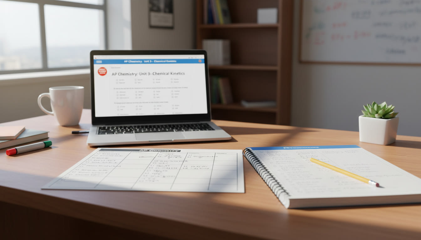 Photo Idea : A bright study desk with an AP Chemistry planner sheet, a notebook, a pencil, and a laptop displaying practice questions — sunlight streaming in.