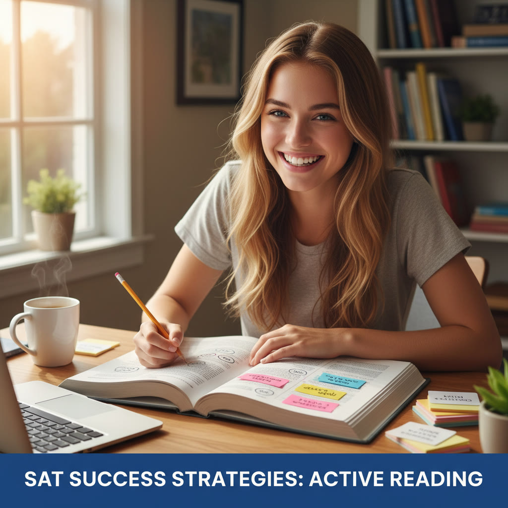 Student reading a passage at a desk, annotating with a pencil and sticky notes—shows active reading and contextual clue usage.