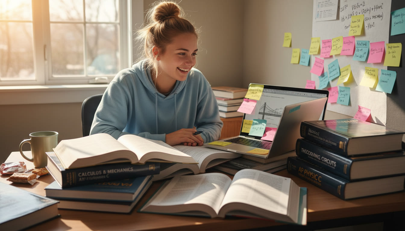 Photo Idea : A bright, candid photo of a high school student studying with engineering textbooks and a laptop open, sticky notes around — conveys focused preparation and ambition.