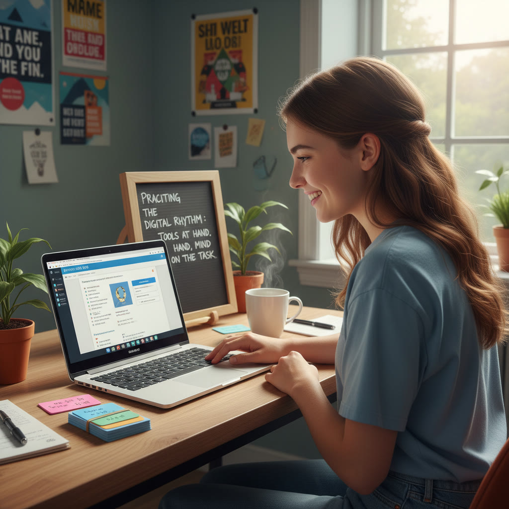 Student at a desk, focused on a laptop with the Digital SAT interface visible, a small stack of neatly organized flashcards beside them—caption: 