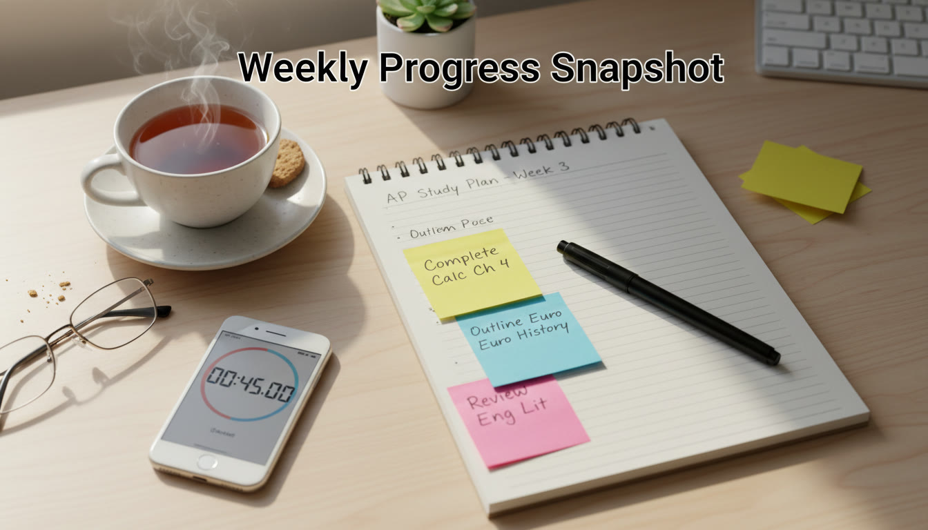 Photo Idea : A simple flat-lay of a Weekly Progress Snapshot on a desk—pen, sticky notes, a smartphone with a timer, and a cup of tea—suggesting calm, organized parental involvement without hovering.