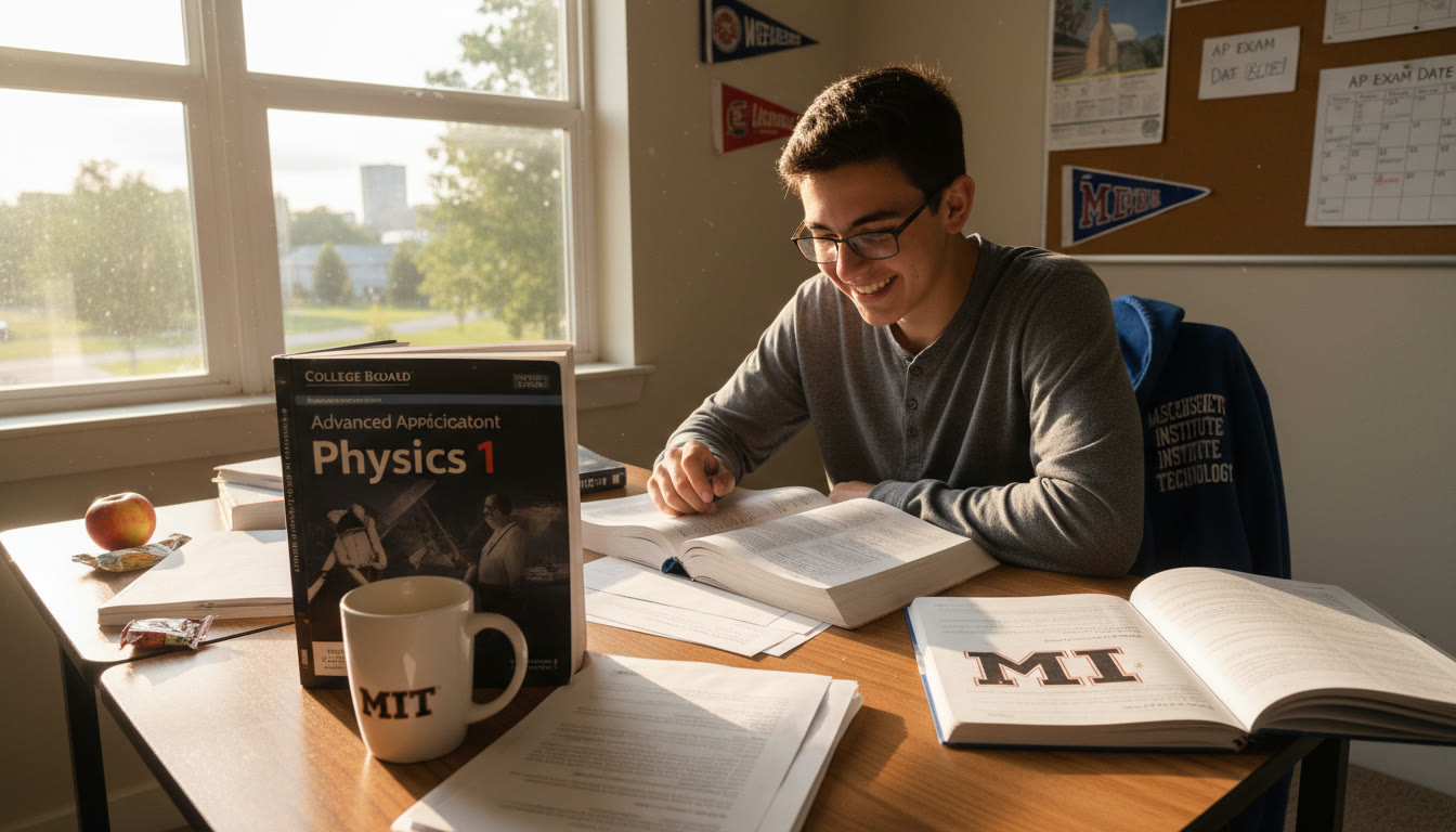 Photo Idea : An aerial, slightly candid photo of a high school student studying at a desk with MIT-branded swag (a notebook, a coffee cup) in the background — conveys aspiration, study focus, and the bridge between high school AP study and college goals.