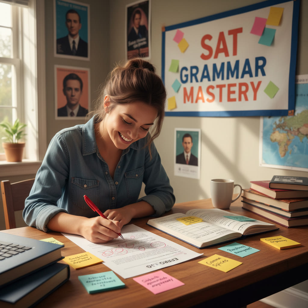 Photo idea: A student at a desk marking up a printed passage, red pen in hand, with sticky notes and an error log visible — conveys studying for grammar precision.