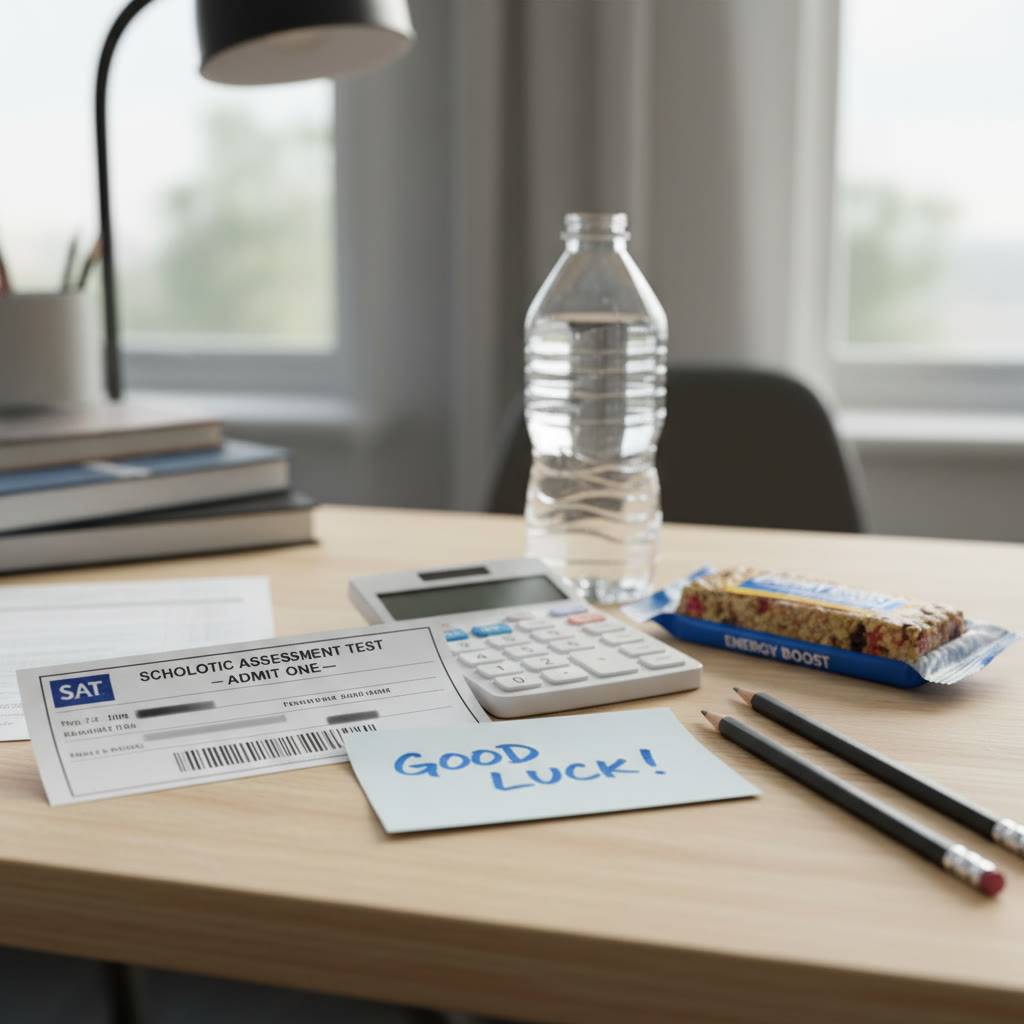 Close-up of a prepared SAT kit laid out on a table: admission ticket, pencil, calculator, water bottle, and a small breakfast bar.