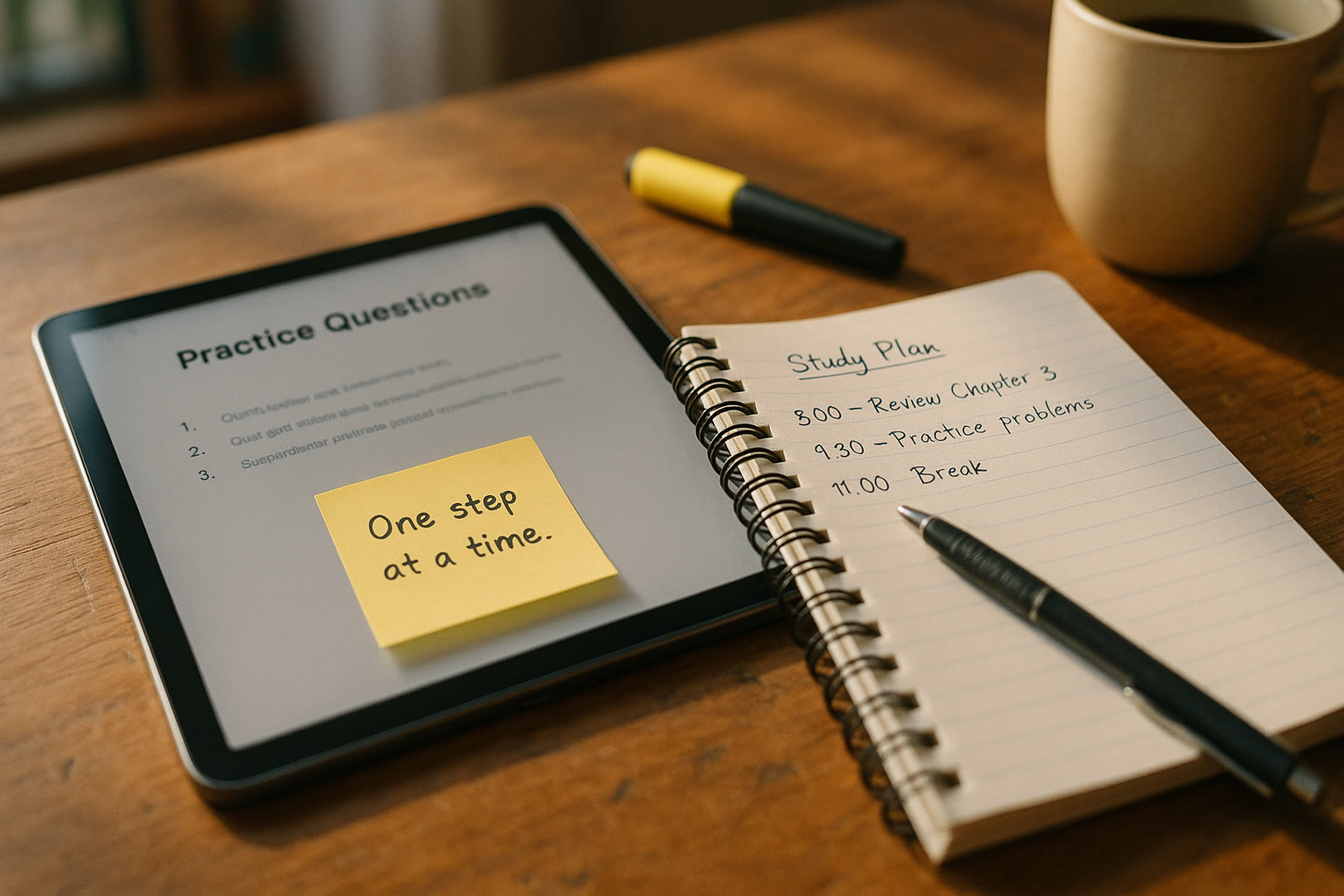 Photo Idea : Close-up of a study desk with a tablet showing practice questions, a notebook with a handwritten study plan, and a sticky note that reads “One step at a time.”