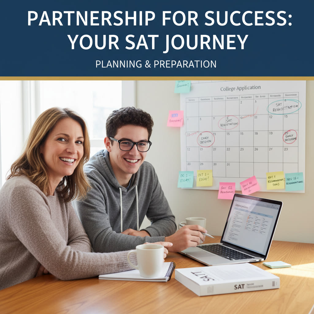 Photo Idea : A warm photo of a parent and teen reviewing an application checklist at a kitchen table—laptop open, calendar visible, sticky notes with deadlines—conveys partnership and organized planning.