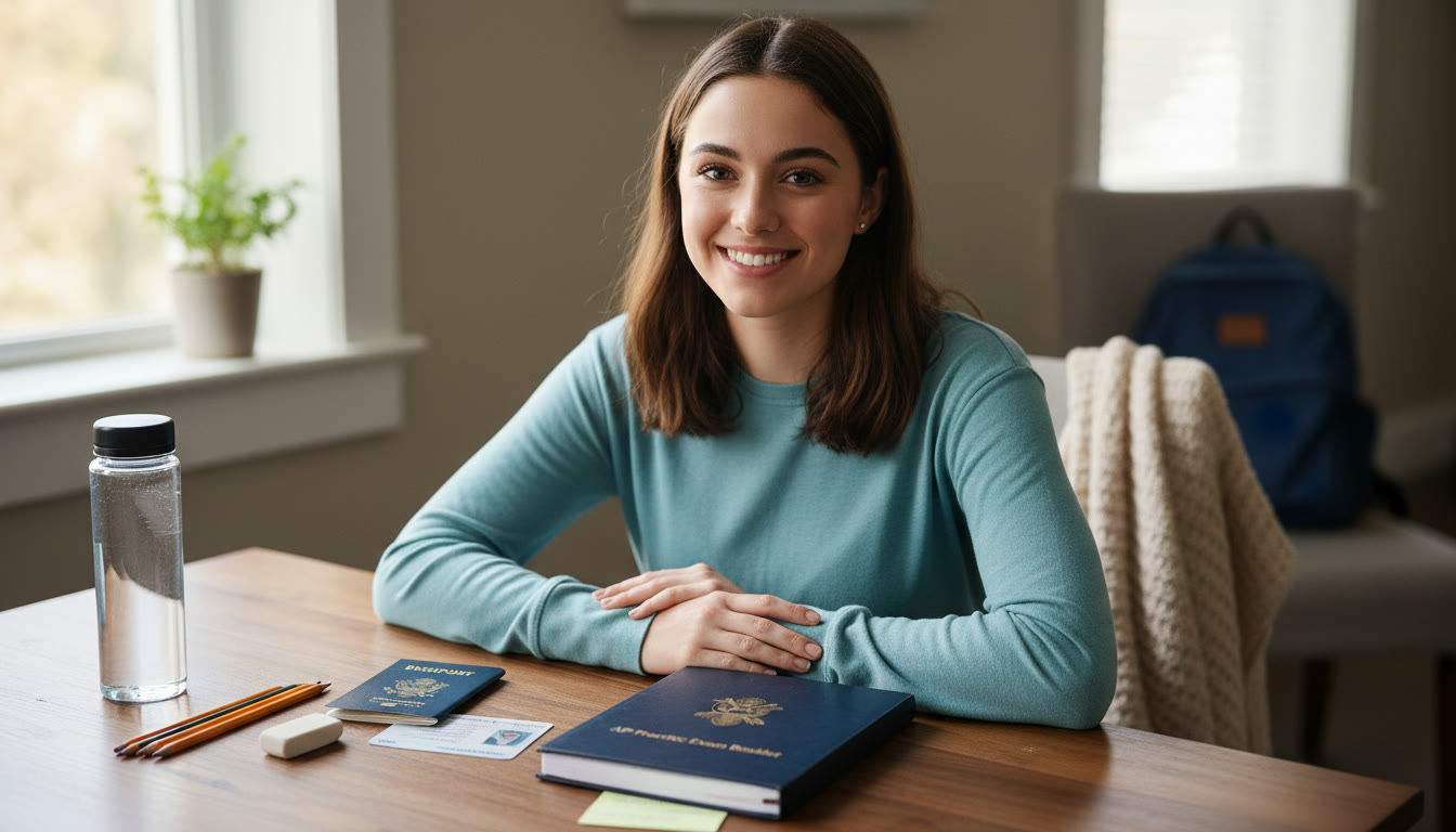 Photo Idea : A calm, focused image of a student at a desk on exam morning with a passport, ID, pencils, a water bottle, and a neatly arranged practice booklet — conveys readiness and composure right before heading to the test center.