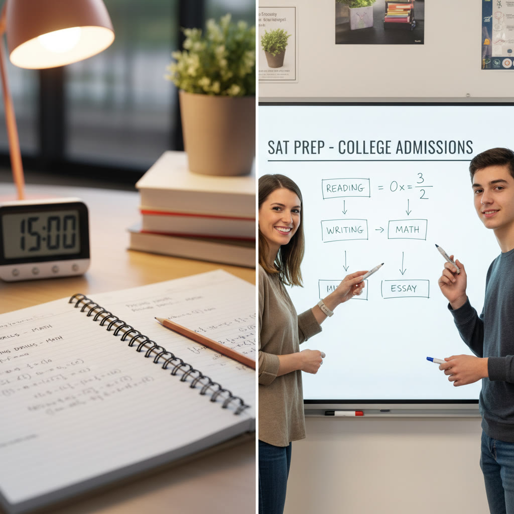 A split image idea: left shows a timer and notebook for pacing drills; right shows a tutor and student working together over a whiteboard problem.