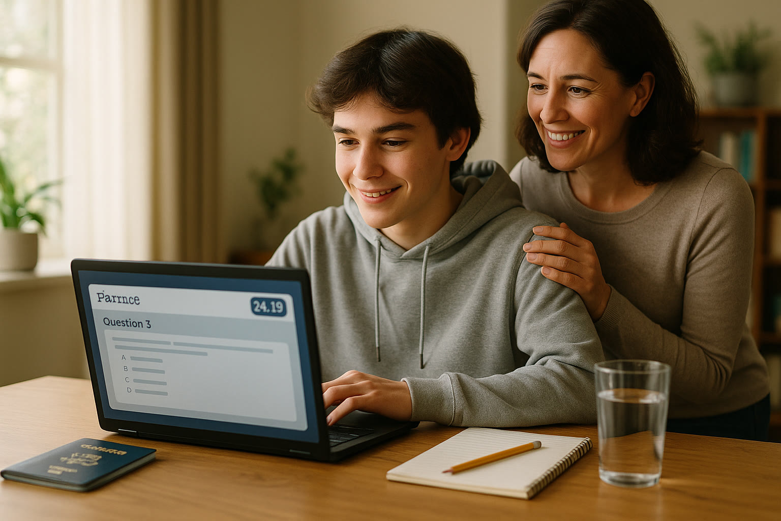 Photo Idea : A bright, optimistic photo of a student on a laptop taking a timed digital practice SAT, with a parent watching supportively and a passport on the table.