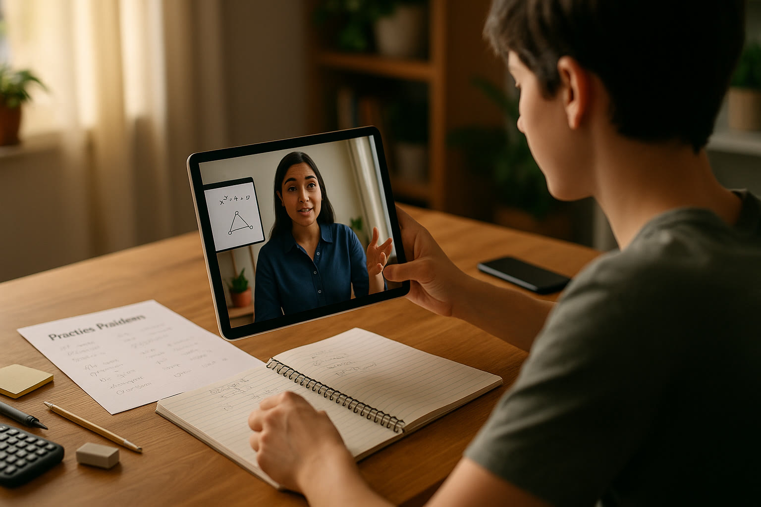 Photo Idea : A dynamic image of a student using a tablet for an online tutoring session, with a tutor visible on-screen and practice problems on the desk; this fits where we discuss personalized tutoring.