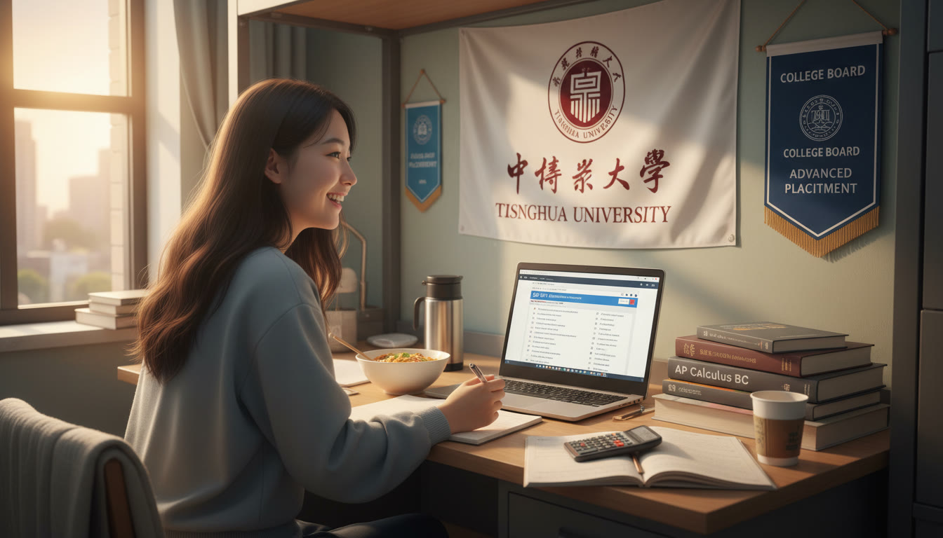 Photo Idea : Student at a desk, laptop open, SAT practice test on screen, with Tsinghua banners or books stacked nearby — conveying focused preparation for international university admissions.