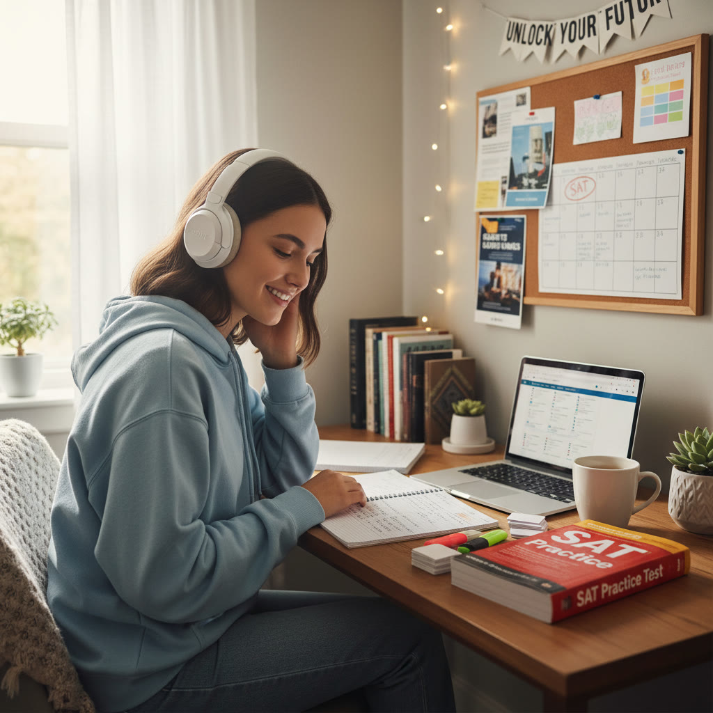 Student studying at a desk with soft lighting and headphones on, notebook open and SAT practice book nearby—suggested image to show focused study with music.