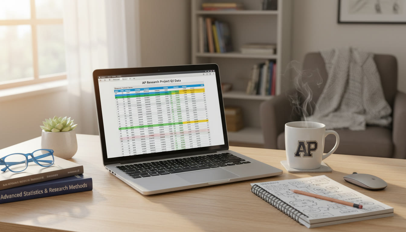 Photo Idea : A cozy study desk with a laptop showing a colorful spreadsheet, a notebook, and a mug — implying focused student research and data organization.