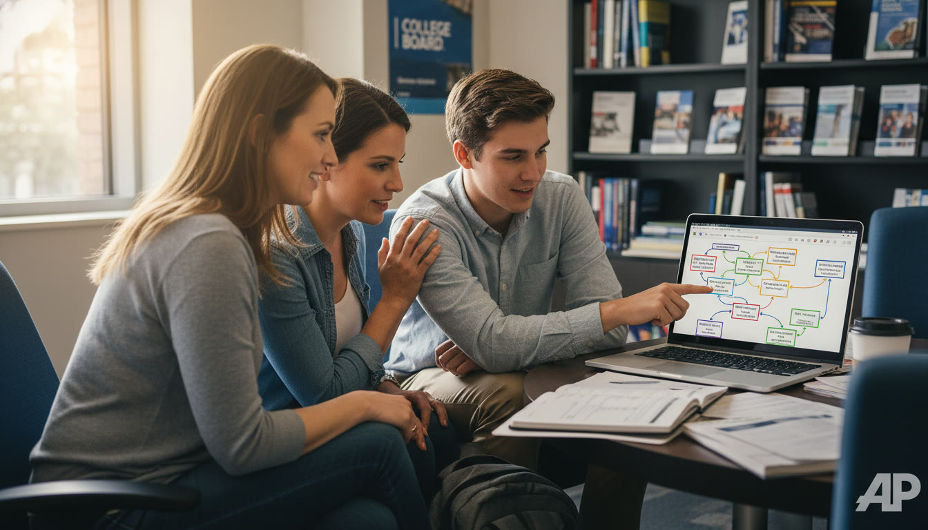 Photo Idea : A candid image of a college advisor or academic counselor sitting with a student and a parent, pointing at a laptop showing a college course map — illustrating planning and conversation late in the article when readers are thinking about next steps.