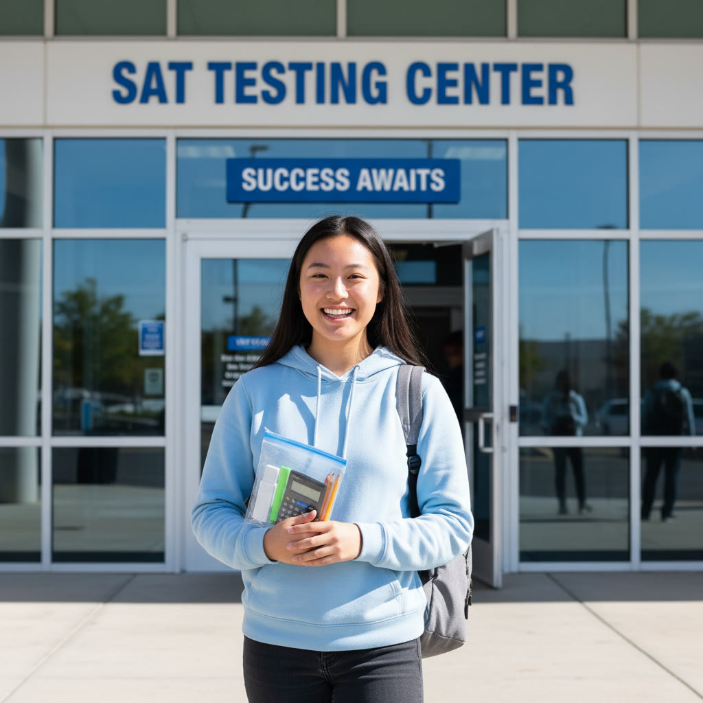 Photo idea: A calm scene of a student at the test center doorway with a small backpack and a confident smile — conveys preparedness and calm on test day.