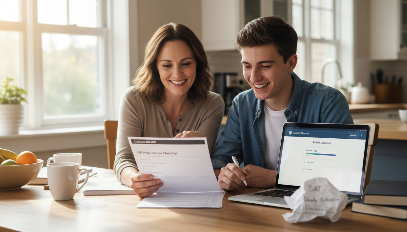 Photo Idea : A warm image of a parent and student reviewing a checklist together at a kitchen table, with a laptop showing an application portal and a printed SAT study schedule nearby.