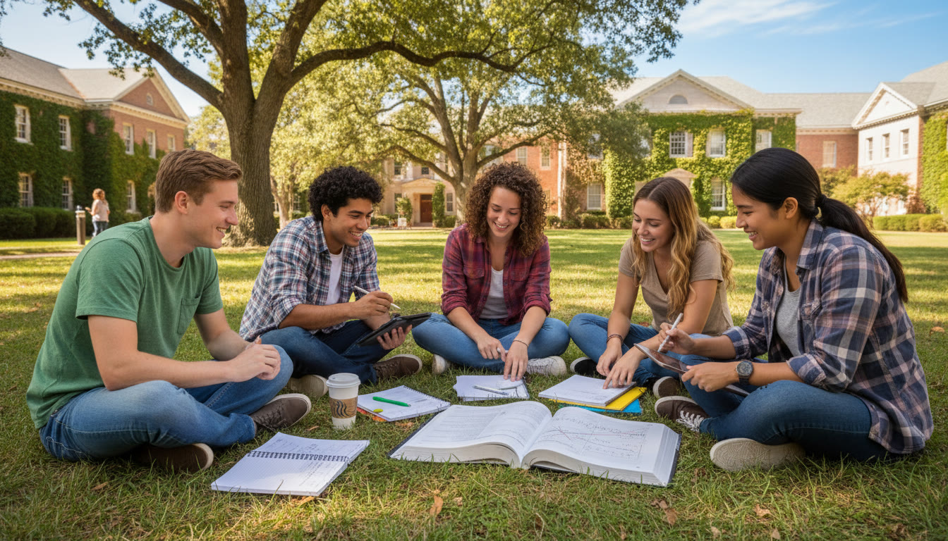 Photo Idea : A sunny college quad with a group of students studying together, notebooks open, one student annotating a graph on a tablet—captures optimism and readiness as students prepare for college-level quantitative work.
