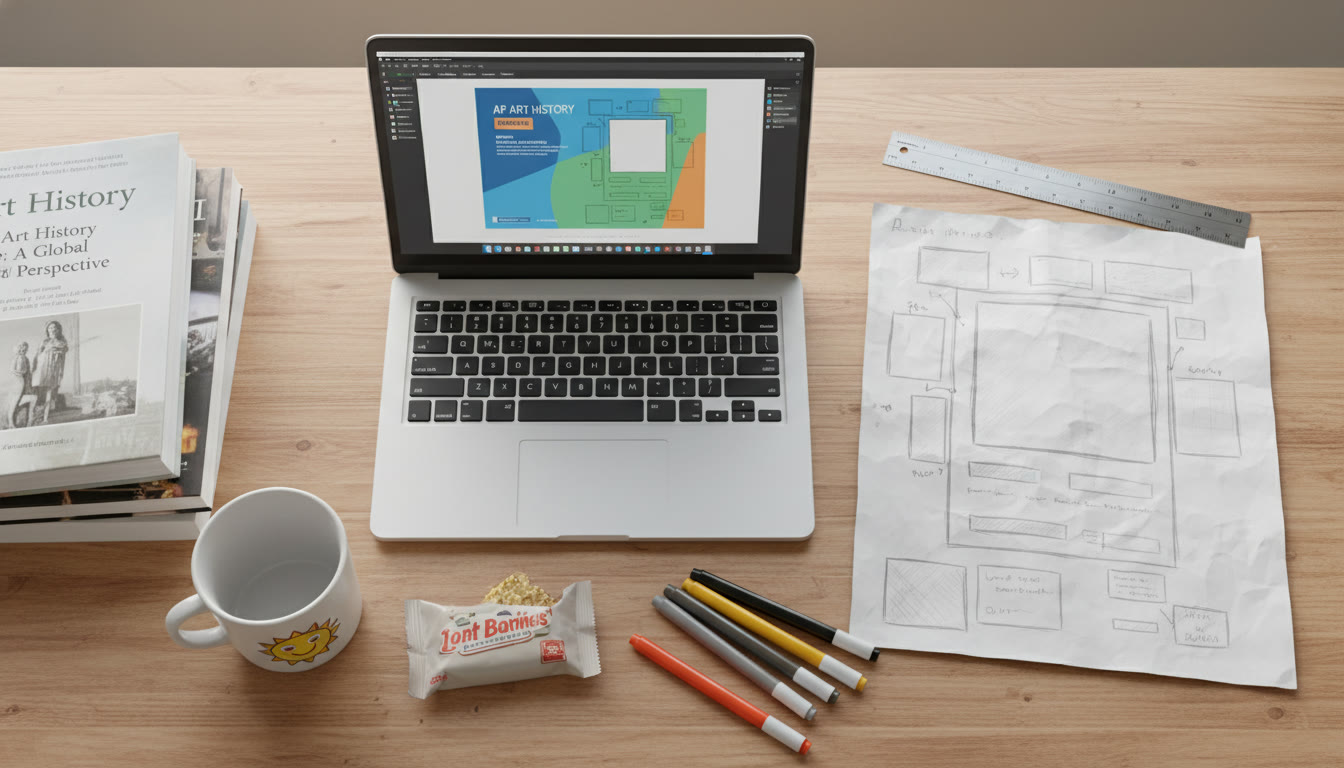 Photo Idea : Overhead shot of a student workstation with a laptop open to a slide editor, a printed sketch of a poster layout, and a ruler—conveys the planning stage.