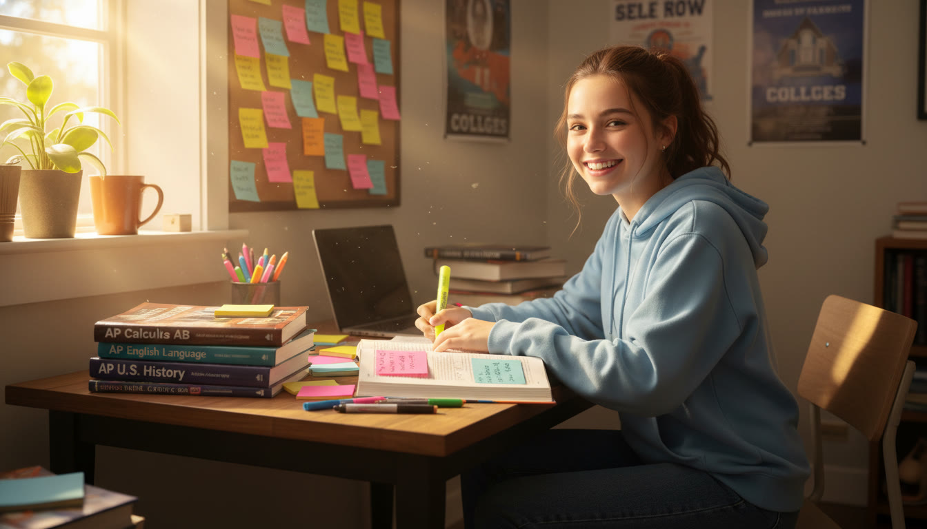 Photo Idea : A bright, candid photo of a high school student studying at a desk with AP textbooks and colored notes, sunlight streaming in — evokes focused, joyful studying early in the application journey.