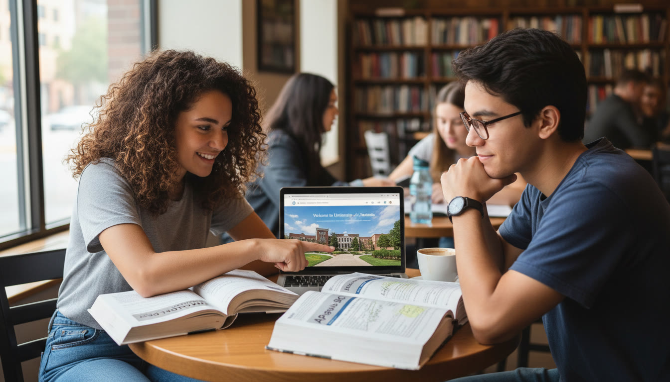 Photo Idea : A bright, candid photo of two high school students studying at a cozy table with AP prep books and a laptop showing a university website—conveys focused, hopeful energy and planning for college.