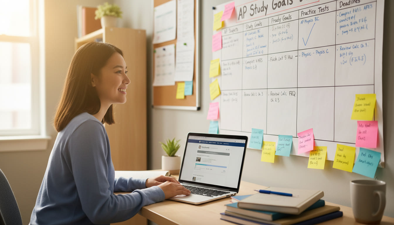 Photo Idea : A student at a desk with a colorful milestone chart, sticky notes, and an open laptop, smiling while crossing off a completed goal — conveys progress and calm focus.