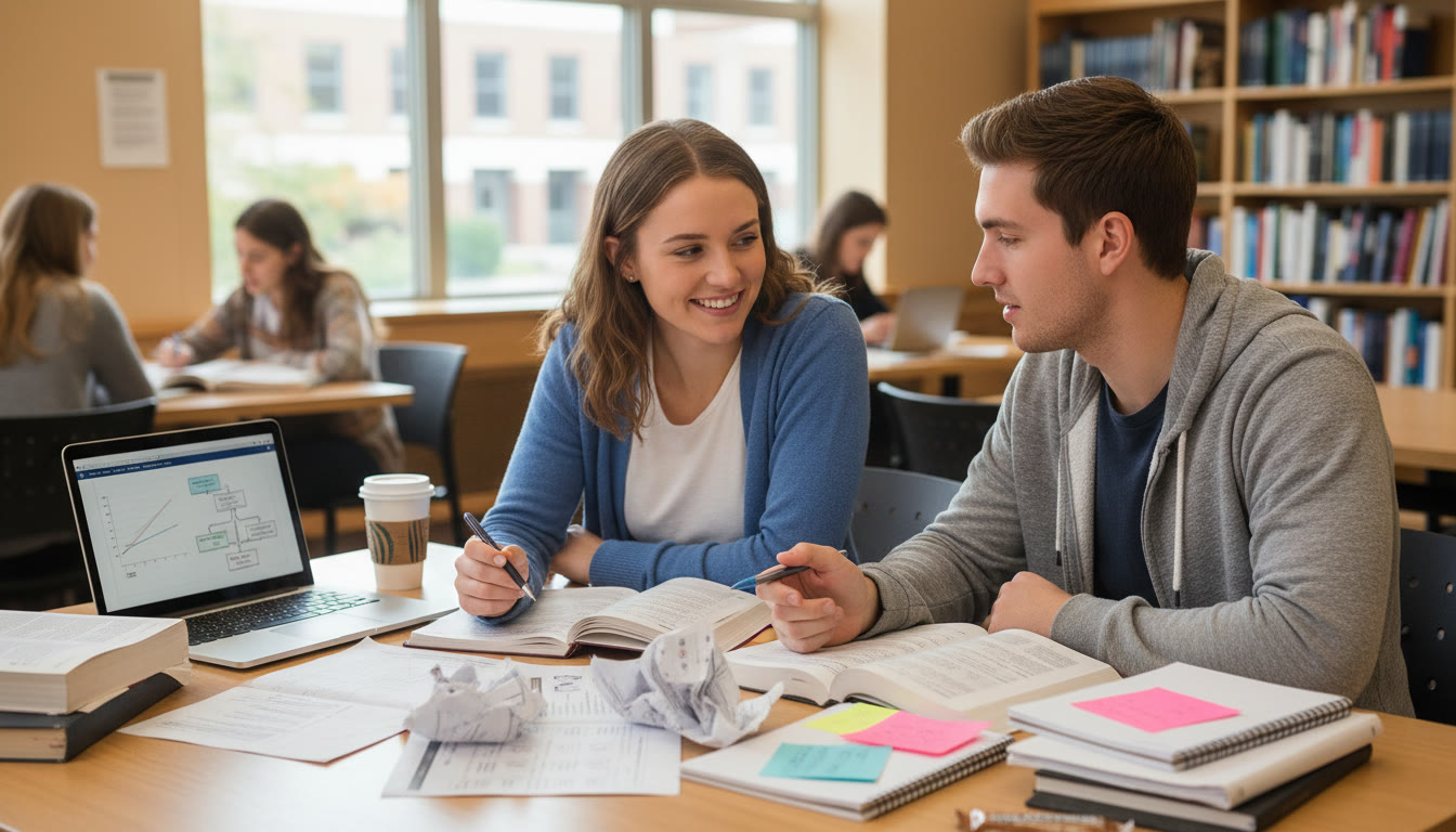 Photo Idea : A tutor and student working together at a table with a laptop, practice tests, and color-coded notes showing a calm, collaborative tutoring session focused on building strategy, not just content.