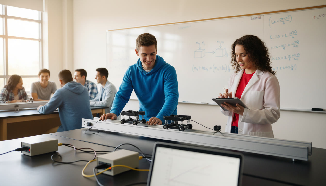 Photo Idea : A dynamic classroom scene showing two students performing a collision lab with carts on a track — one student gently pushing two carts together, the other recording velocities on a tablet. Close-up of the carts' motion and a whiteboard diagram in the background.