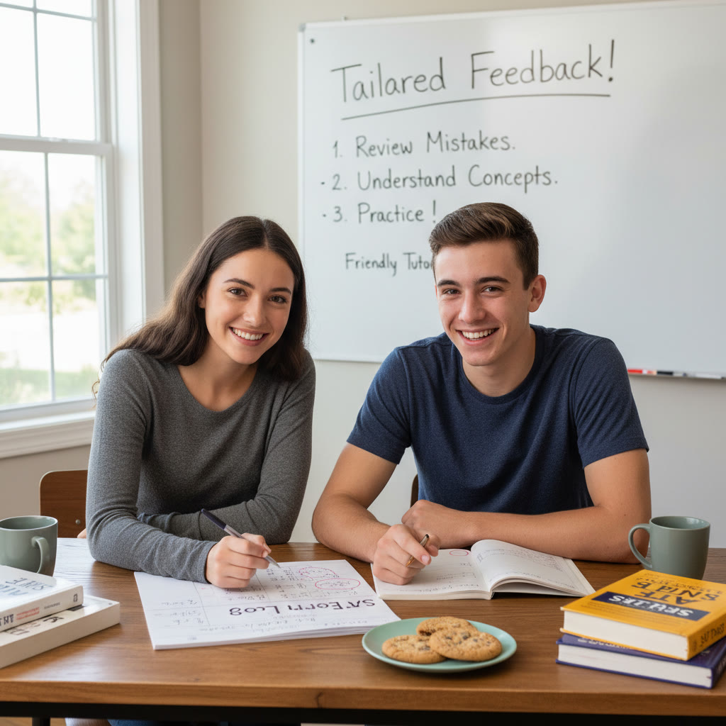 Friendly tutor and student reviewing an error log together, demonstrating 1-on-1 guidance and tailored feedback