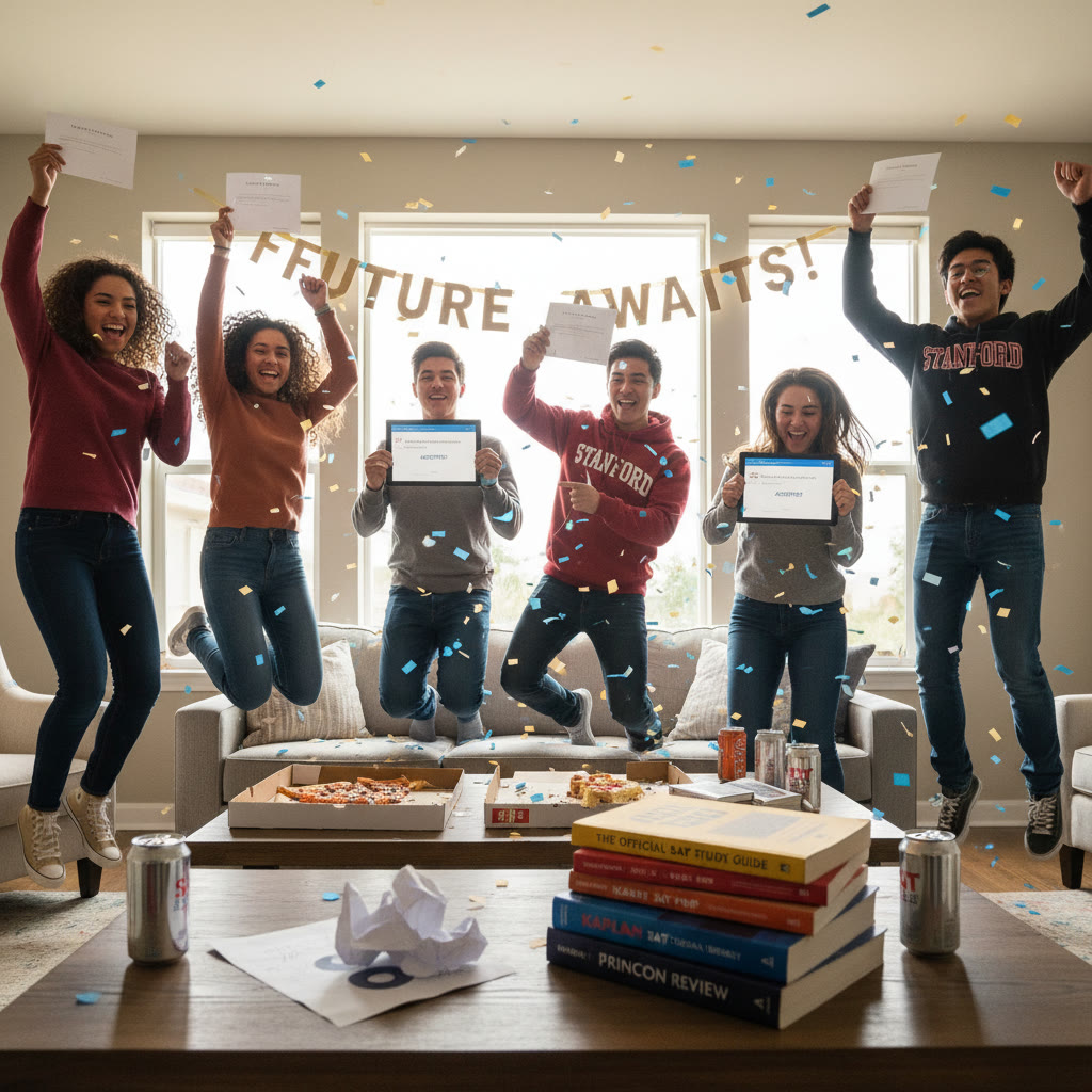 Photo Idea : A group of high school students celebrating after receiving college acceptance letters, diverse, joyful, with a subtle stack of SAT prep books visible in the scene.