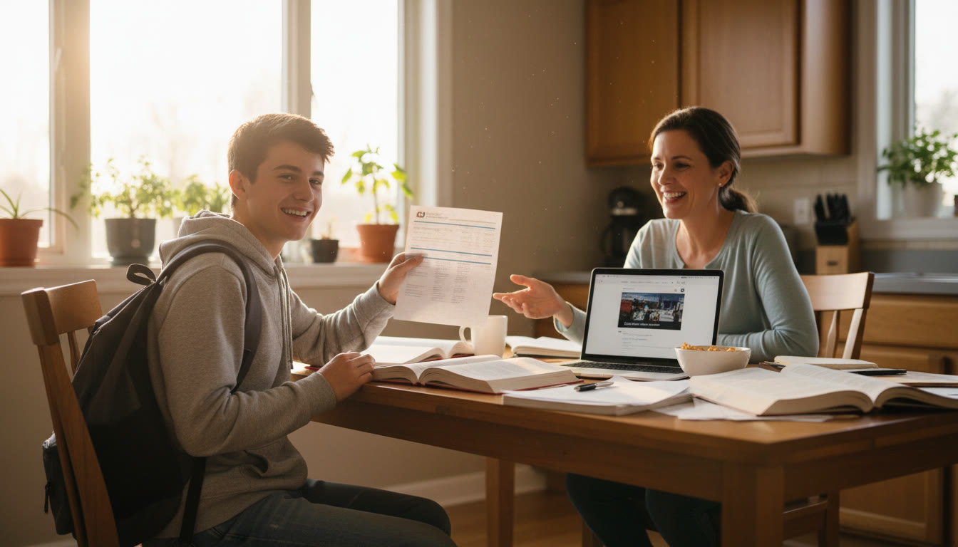 Photo Idea : A bright, candid photo of a high school student with a backpack, holding an AP score report and talking with a parent at the kitchen table — warm natural light, papers and a laptop open to college pages.