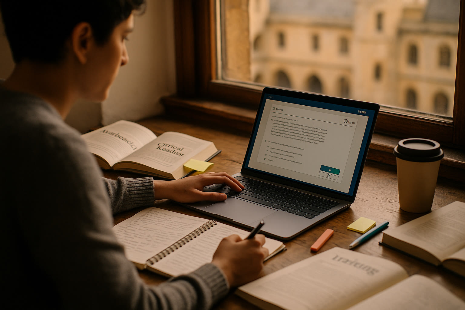 Photo Idea : A student at a wooden desk surrounded by textbooks and notes, laptop open with a practice SAT digital interface visible, and an Oxford college building softly blurred in the background.