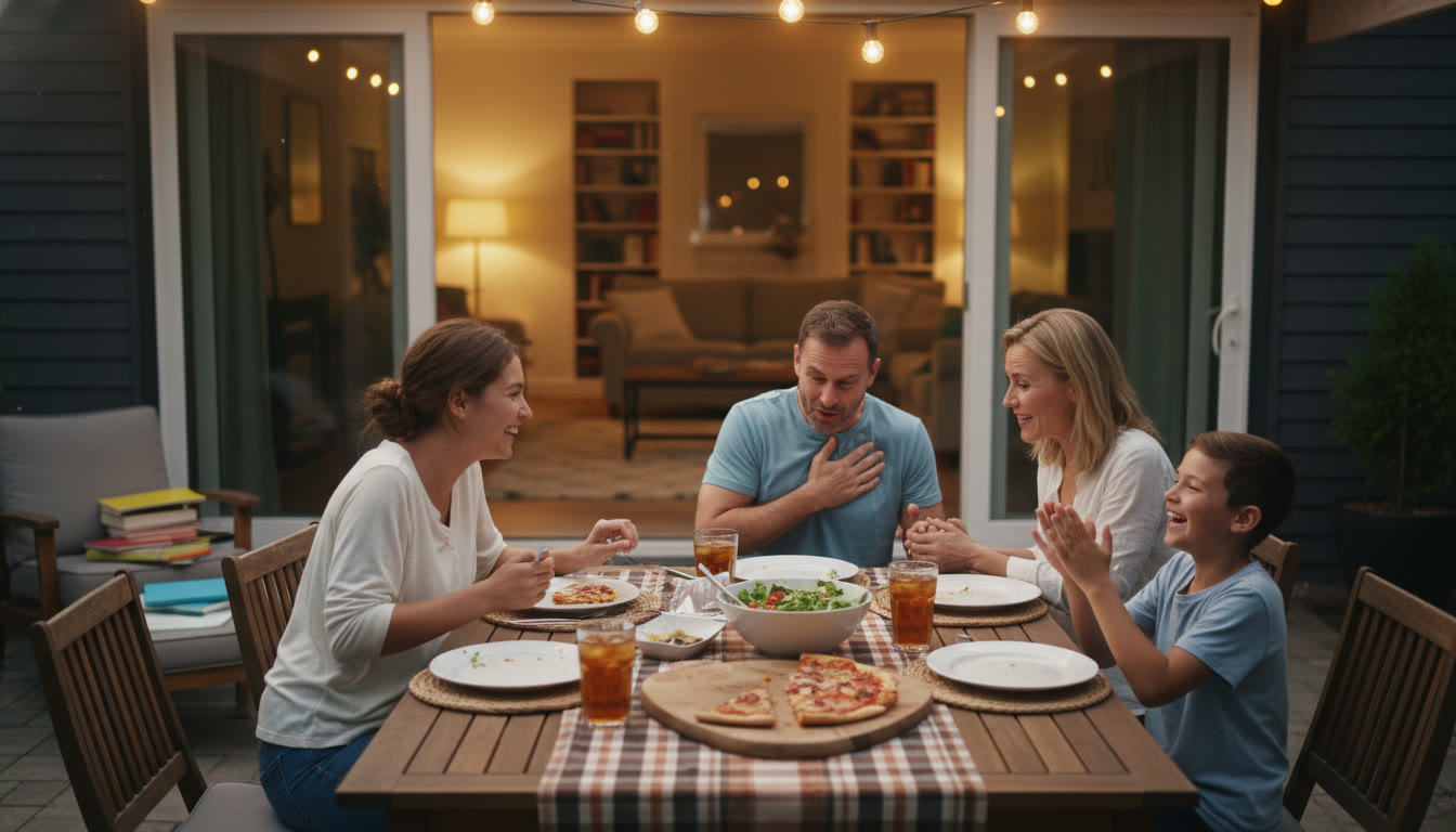 Photo Idea : A relaxed evening scene of a family sharing a simple celebratory dinner after the exams — laughter, soft lighting, and a visible sense of relief, highlighting family connection and decompression.