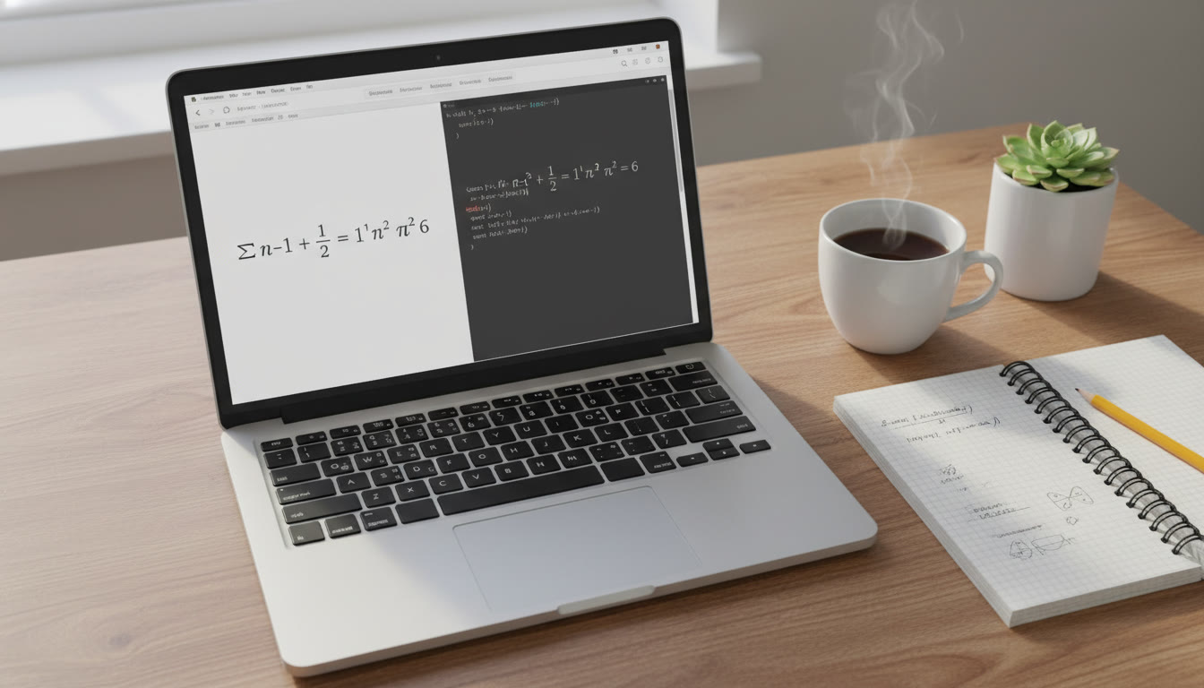 Photo Idea : Top-down shot of a laptop screen showing a KaTeX-rendered equation side-by-side with the typed source code, with a notebook and pencil nearby — evokes the mix of digital and handwritten study.