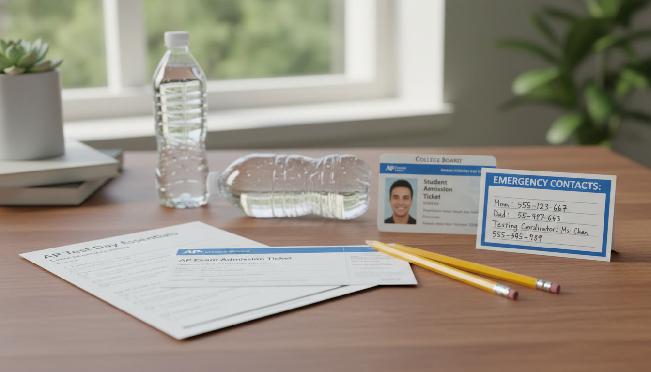 Photo Idea : A calm test-day kit laid out on a table—admission ticket, ID, pencils, water bottle, printed checklist, and a small card with emergency contacts and the testing coordinator’s number—conveys preparedness and reassurance.