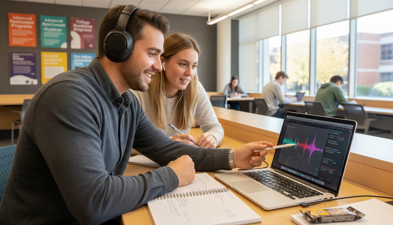 Photo Idea : A teacher or tutor listening with headphones and marking notes while pointing at a laptop screen showing a waveform—this emphasizes feedback and revision as part of the learning process.