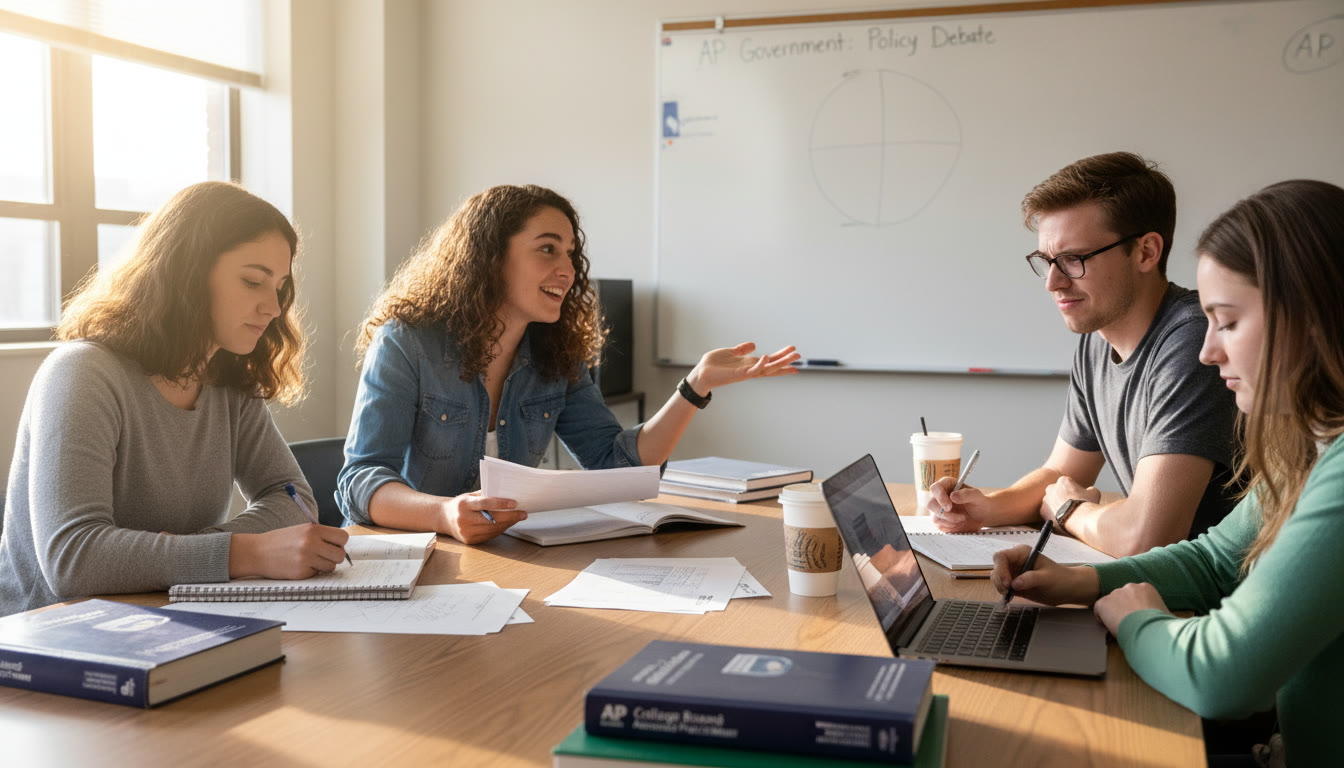 Photo Idea : A small group of students in a classroom setting engaged in a mock policy debate, one student taking notes while another speaks   natural candid moment showing collaboration and analytical focus.