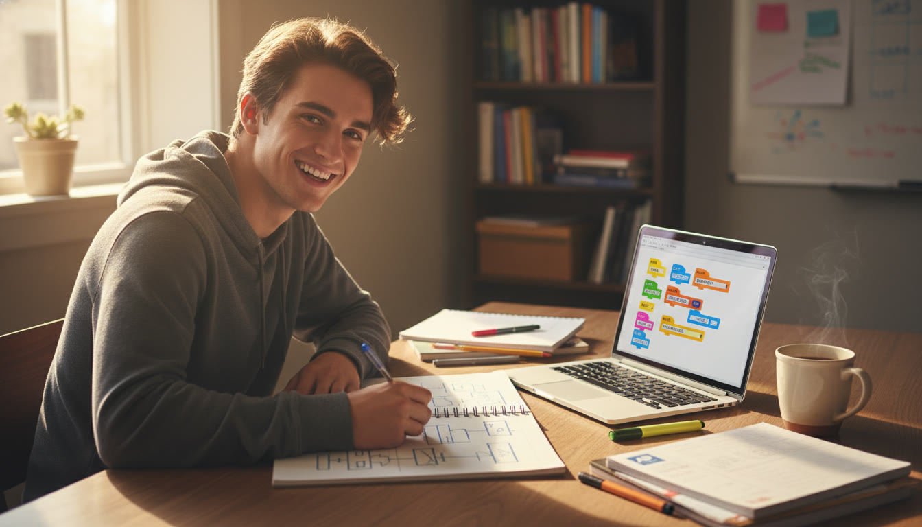 Photo Idea : A student at a desk sketching flowcharts and building a simple block-based program on a laptop, sunlight through a window, notebooks and a cup of coffee—captures the creative, human side of algorithm design.
