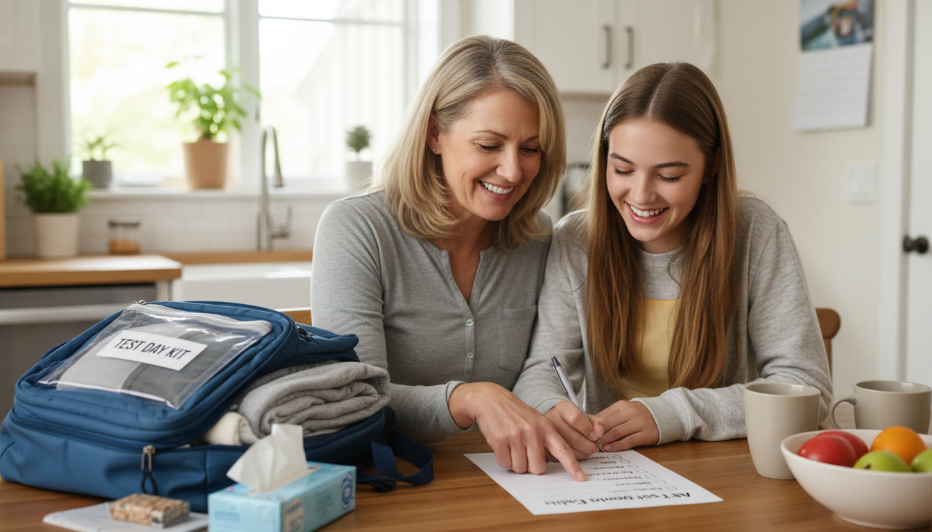 Photo Idea : A parent and teen reviewing a simple comfort checklist at a kitchen table while an open backpack shows folded layers and a small pouch labeled 