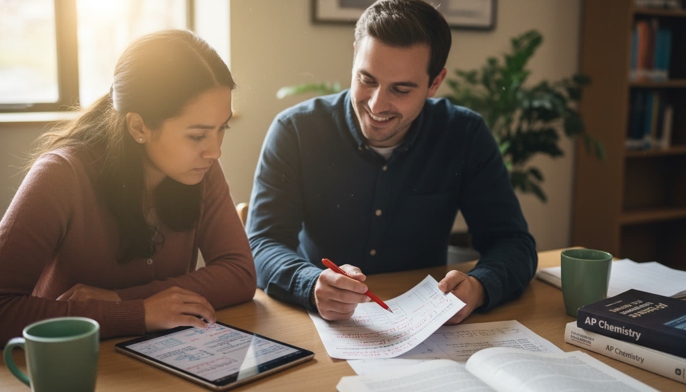 Photo Idea : A focused tutoring session scene: a student and tutor reviewing a graded FRQ with a rubric, red pen marking specific rubric points, and a tablet open to notes. Warm, collaborative atmosphere to reflect personalized guidance.
