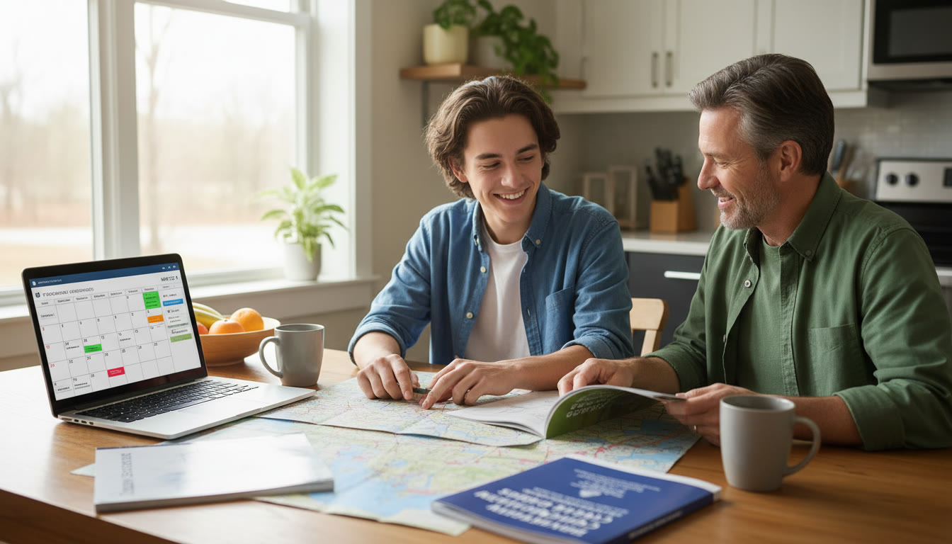 Photo Idea : A bright photo of a student and parent at a kitchen table, maps and course catalogs spread out, a laptop open to a calendar. The mood is collaborative and calm.