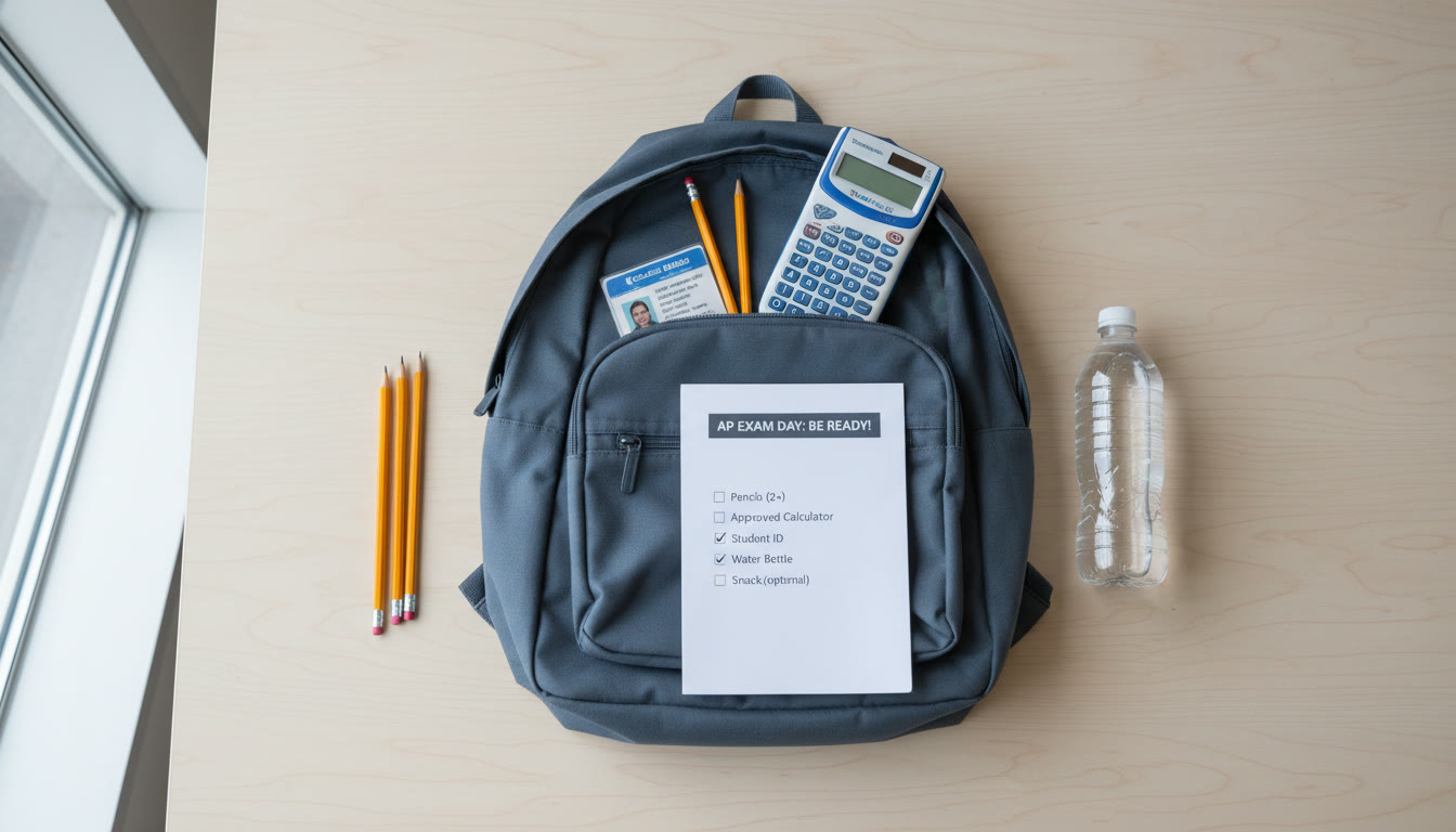 Photo Idea : A minimalist flat-lay of an exam backpack: pencils, permitted calculator, ID, a small water bottle, and a printed calm checklist on top. The shot communicates readiness and simplicity.