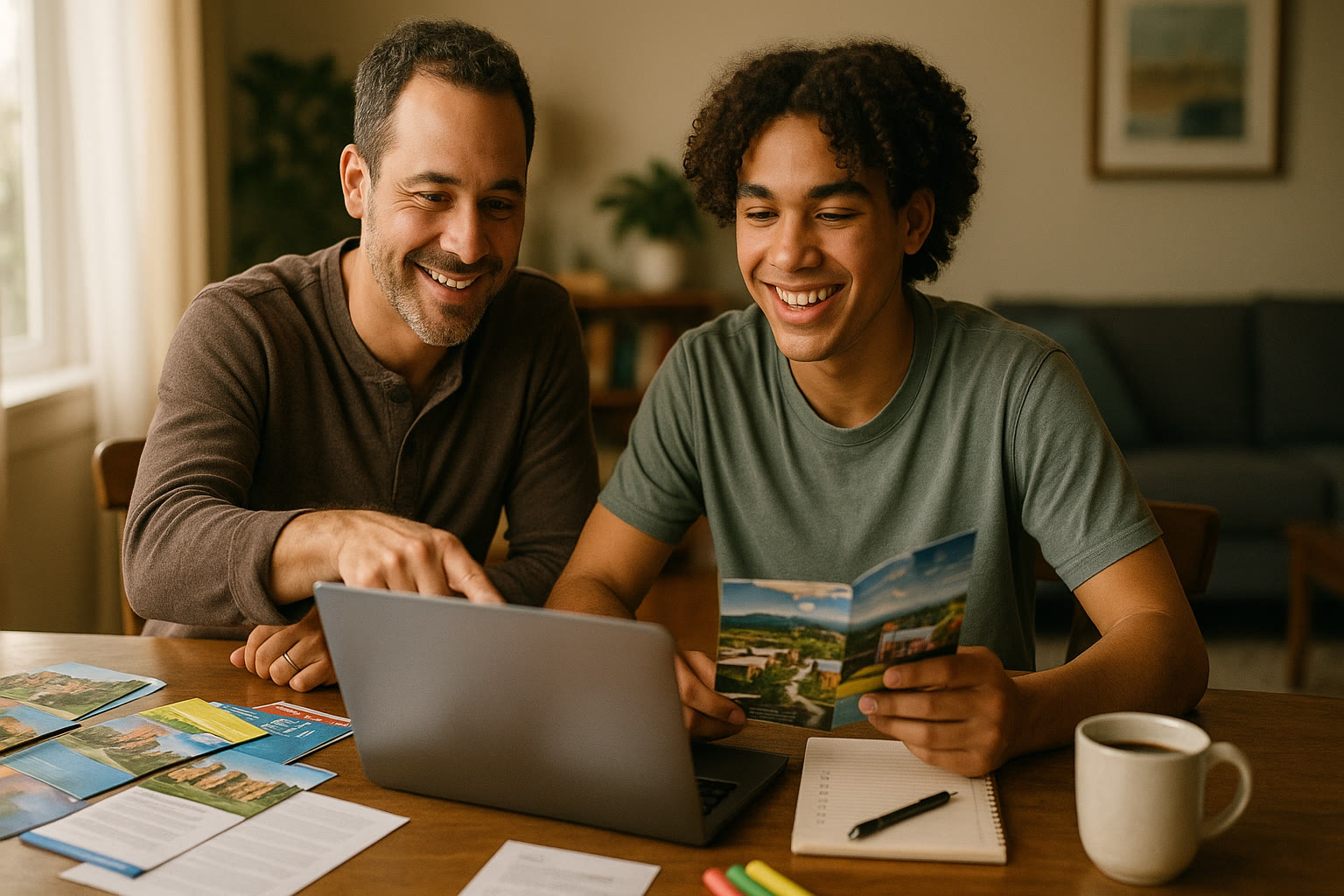 Photo Idea : A candid photo of a parent and teen looking at a laptop together, both smiling, surrounded by college brochures and a checklist on the table — natural light, relaxed atmosphere.