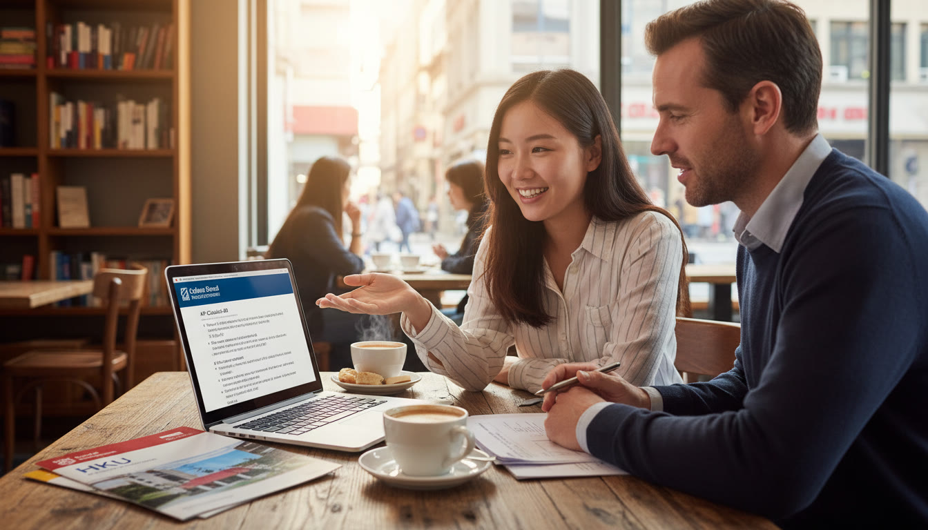 Photo Idea : A relaxed scene of a student meeting with a tutor or advisor in a cafe, laptop open with AP practice materials and HKU brochures visible — conveys mentorship and practical planning.